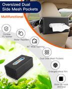 Large Car Tissue Holder PU Leather Organizer with 2 Mesh Pockets