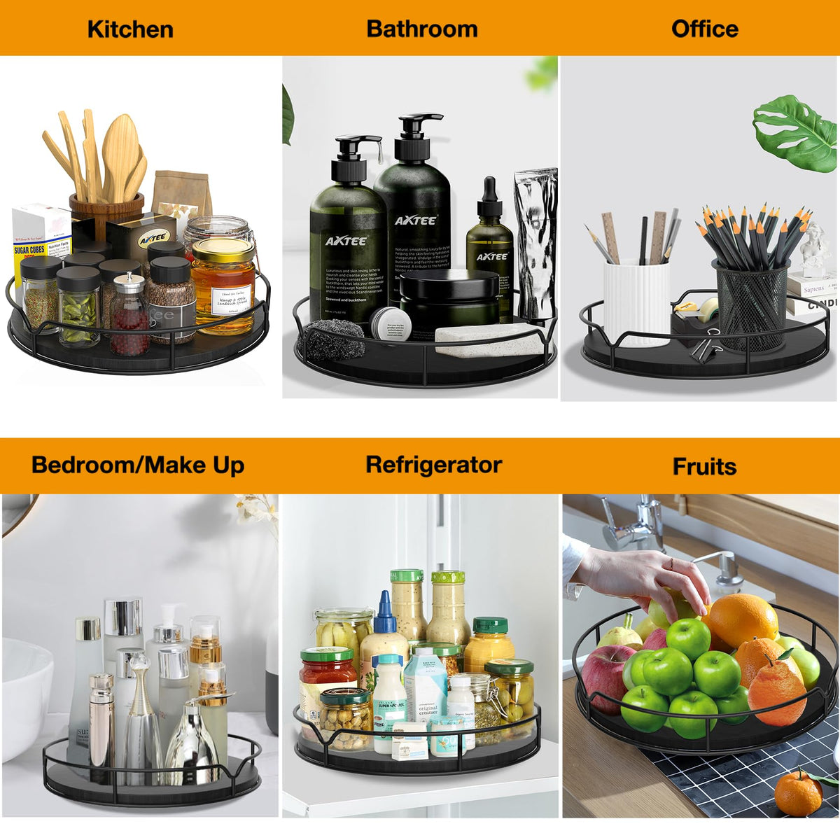 Lazy Susan Turntable Organizer for Cabinet Pantry Kitchen Countertop Refrigerator Cupboard, Pine Wood, 9", Carbonized Black 9''