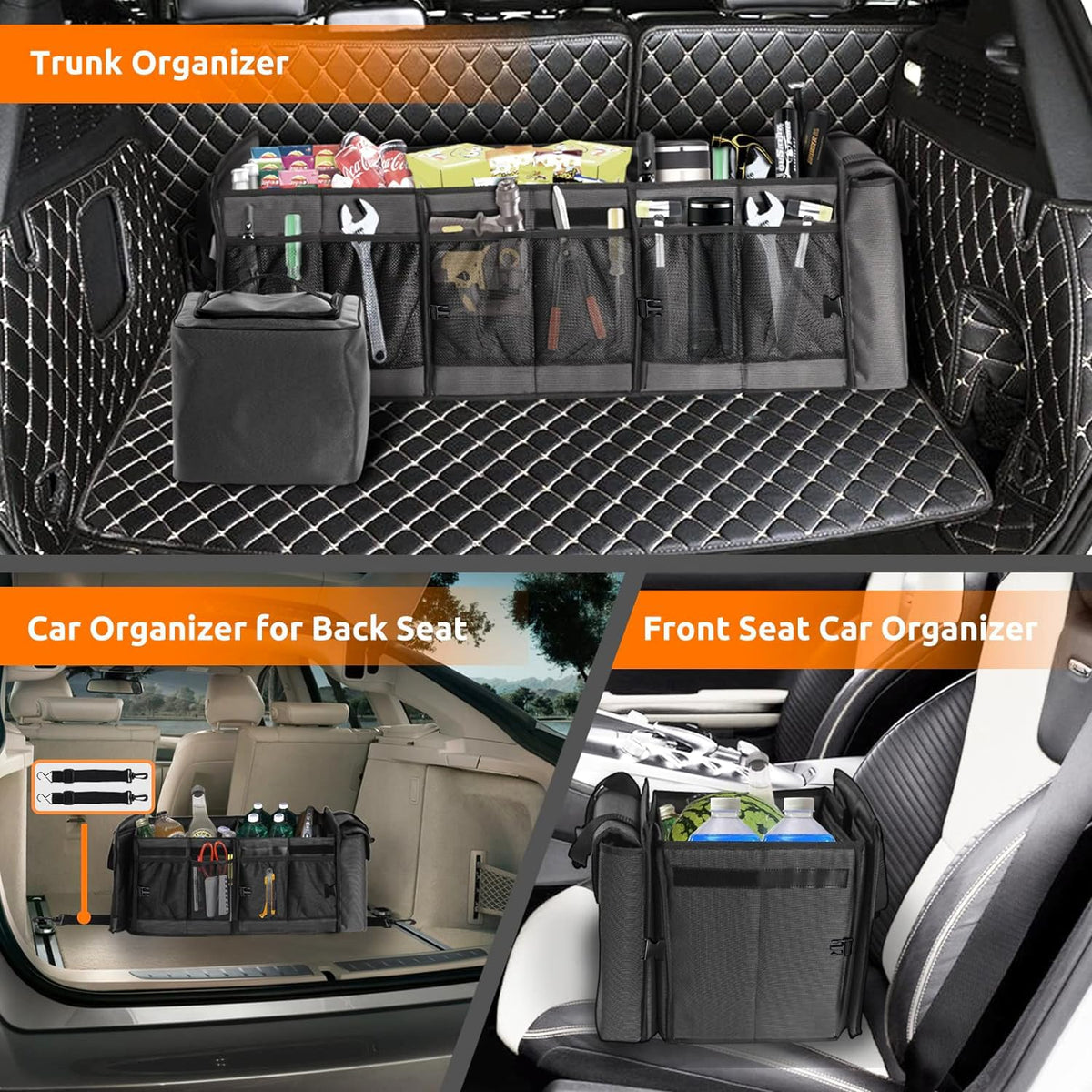 Collapsible Trunk Organizer with Insulated Leakproof Cooler Bag,Removable Lid,Adjustable Securing Straps,3 Compartments Trunk Organizer for SUV,Truck,Sedan(Grey & Black) Black&Grey With Cooler