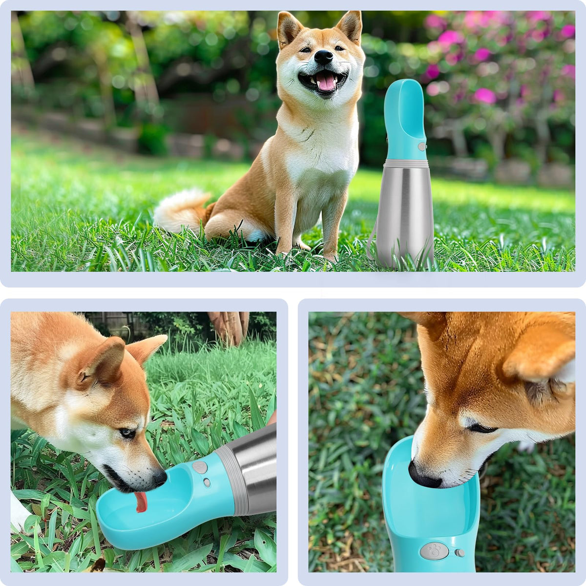 Portable Dog Water Bottle, 14 OZ Stainless Steel Pet Water Dispenser Button switch 14 OZ - Blue