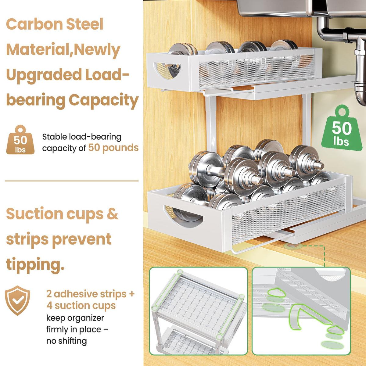 Under Sink Organizer for Kitchen and Bathroom Cabinets Pull Out Storage White 2 Pack 2Tier