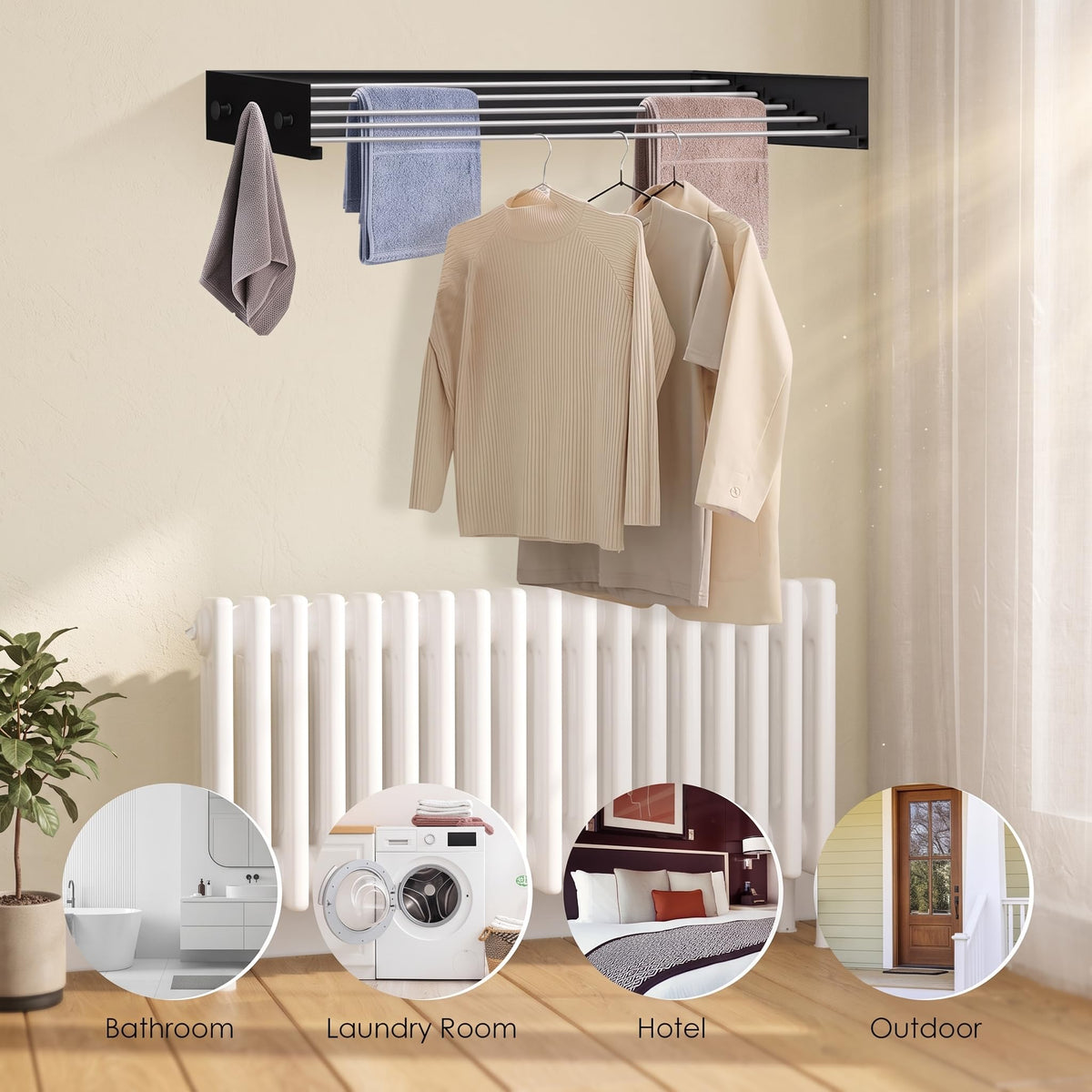 Wall Mounted Clothes Drying Rack - 31.5" Foldable Clothes Drying Rack Wall Mount, 5 Steel Rods With Knobs, Retractable Space-Saving Laundry Rack, Heavy Duty 60 lbs Capacity (Wall Template Included)