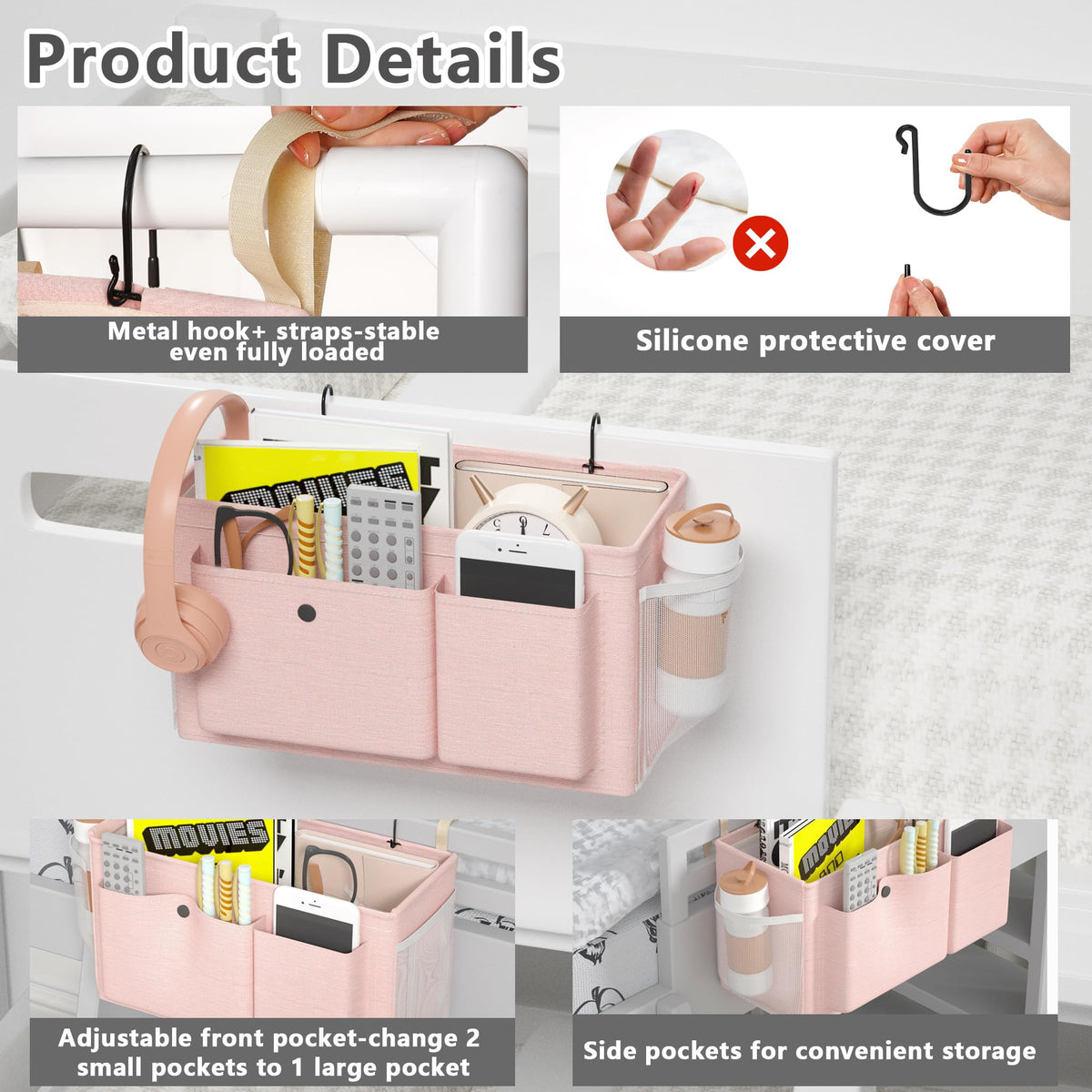 Bedside Caddy Bedside Storage Hanging Organizer for Bunk Dorm Bed Rail New Pink