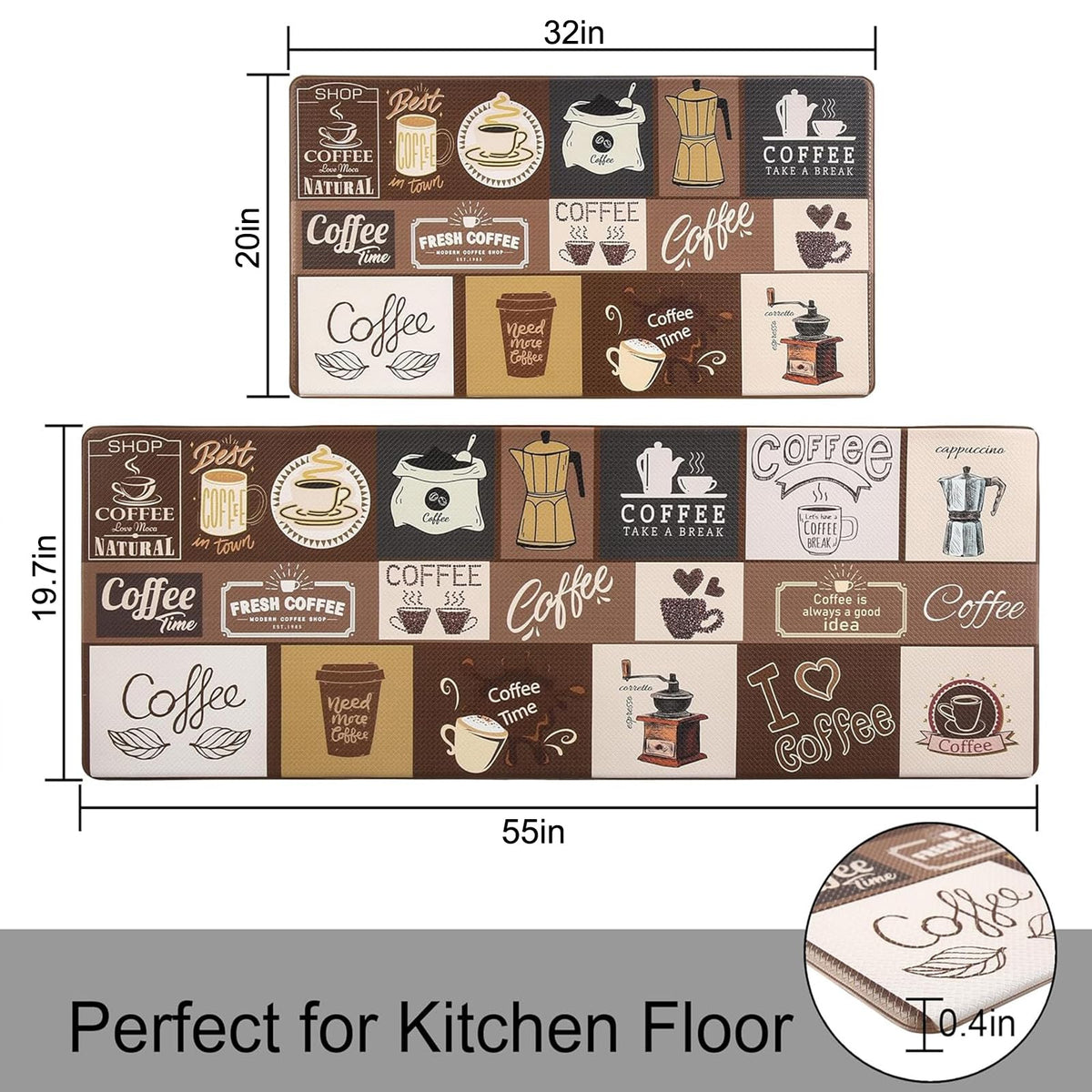 Floral Kitchen Mat Sets 2PCS Non Skid Waterproof Kitchen Rugs and Runner Sets Cushioned Anti-Fatigue Comfort Mat for Home,Office Memory Foam Kitchen Rug, 17.3"x30"+17.3"x47", Black/Pink 17"x30"+17"x47"--0.4 inches