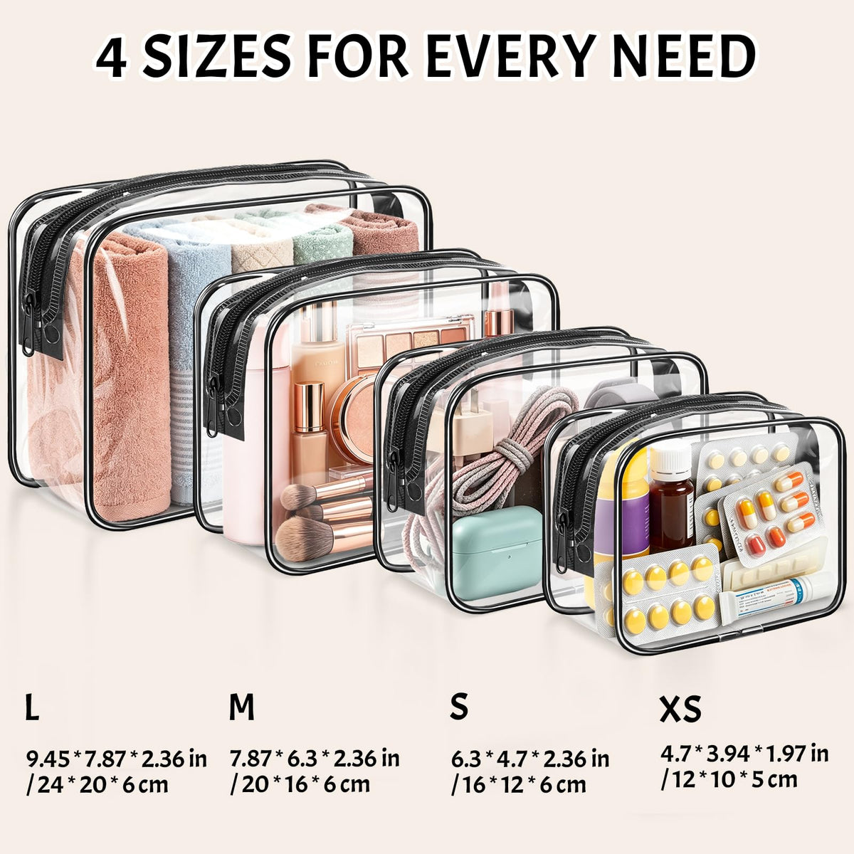 4 Pieces Clear Cosmetic Bags Bulk TSA Approved Toiletry Bag for Travel PVC Waterproof Clear Makeup Pouch with Zipper for Men and Women Carry-on Travel Essentials 4pcs SML Black