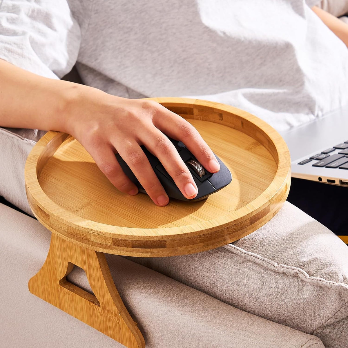 Sofa Arm Tray,Foldable Sofa Armrest Clip-On Tray Suitble for 4"-9" Armrest,Circle Sofa Arm Table for Snacks/Drinks/Fruit/Dessert/Rmote (9.49x8.86x3.54 inch)