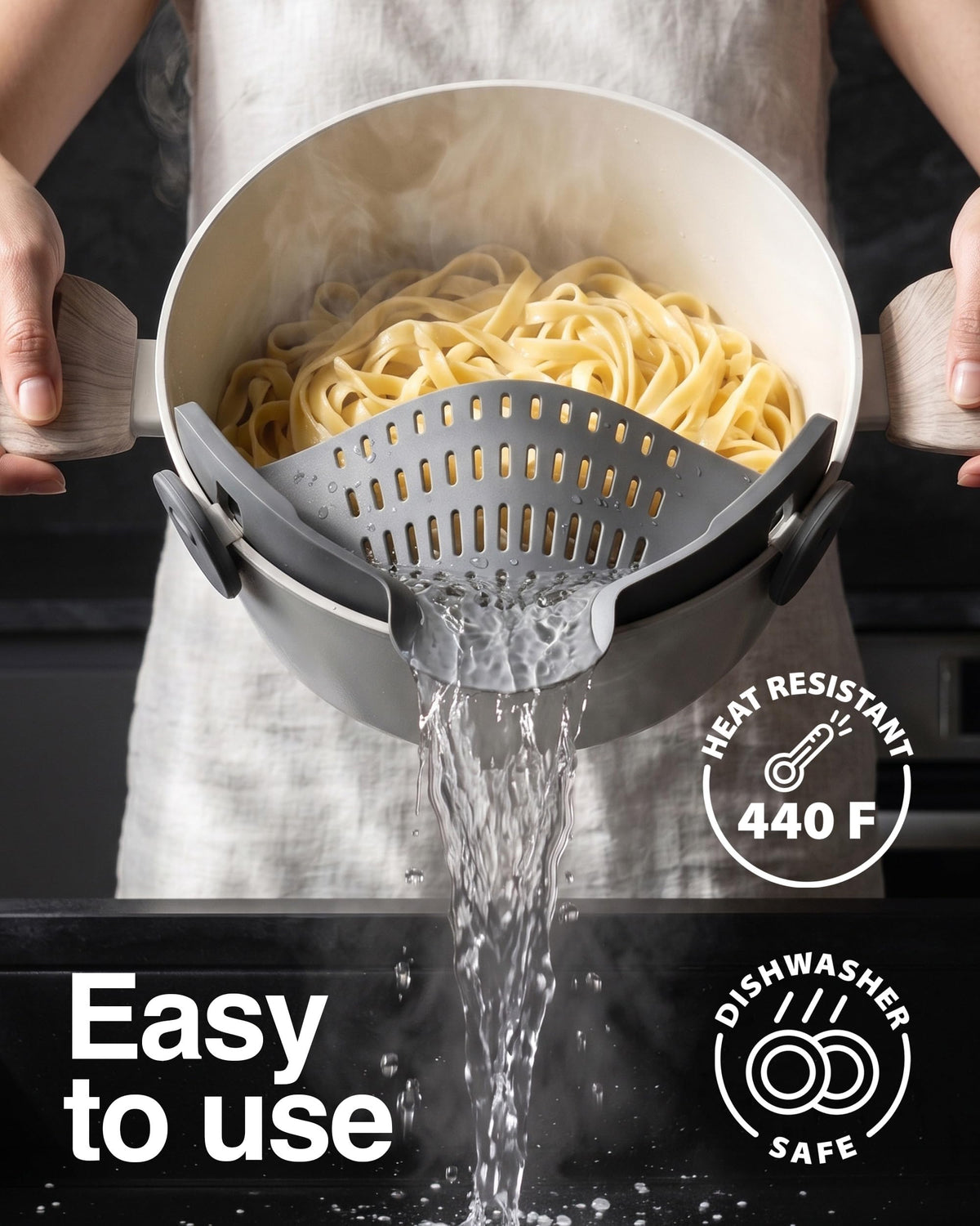 Kitchen Gizmo Snap N' Strain - Silicone Pasta Strainer Clip-On for Pots and Pans - Heat Resistant Colander for Vegetables and Noodles - Kitchen Gadgets for Cooking - Space-Saving Design - Gray 1