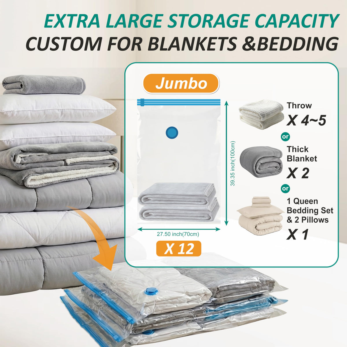 12 Jumbo Vacuum Storage Bags for Blankets & Bedding, Space Saver Bags 12 Jumbo