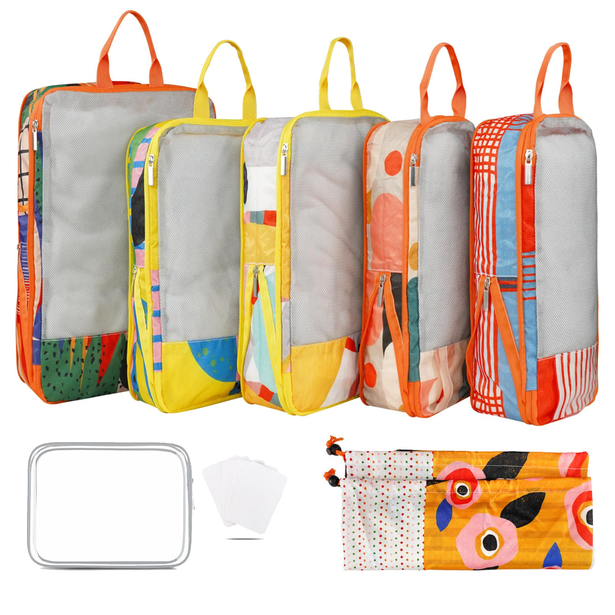 7 Pcs Compression Packing Cubes Travel for Suitcases, Luggage Organizer Washable Storage Bags Set for Backpack Travel- Packaging Cubes for Carry-Ons and Storage yellow orange