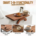Acacia Wood Sofa Arm Tray - 3-in-1 Couch Arm Table with Phone Holder, Cup Holder & Foldable Tray - Armrest Clip-On Design for Couch with 360° Rotated Phone Holder