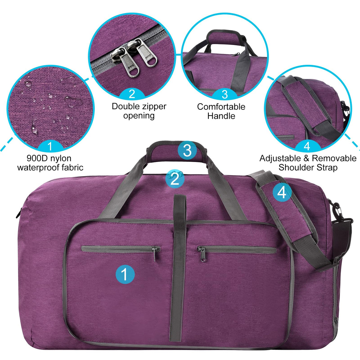 Felipe Varela Foldable Duffle Bag for Travel Weekend Overnight Gym Camping A Black 40L