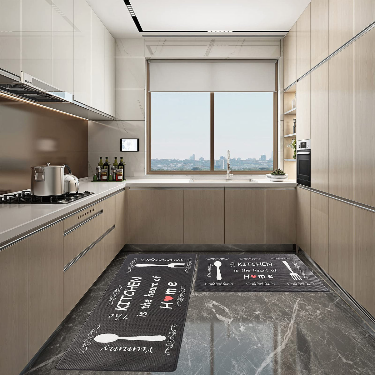 Floral Kitchen Mat Sets 2PCS Non Skid Waterproof Kitchen Rugs and Runner Sets Cushioned Anti-Fatigue Comfort Mat for Home,Office Memory Foam Kitchen Rug, 17.3"x30"+17.3"x47", Black/Pink 17"x30"+17"x47"--0.4 inches