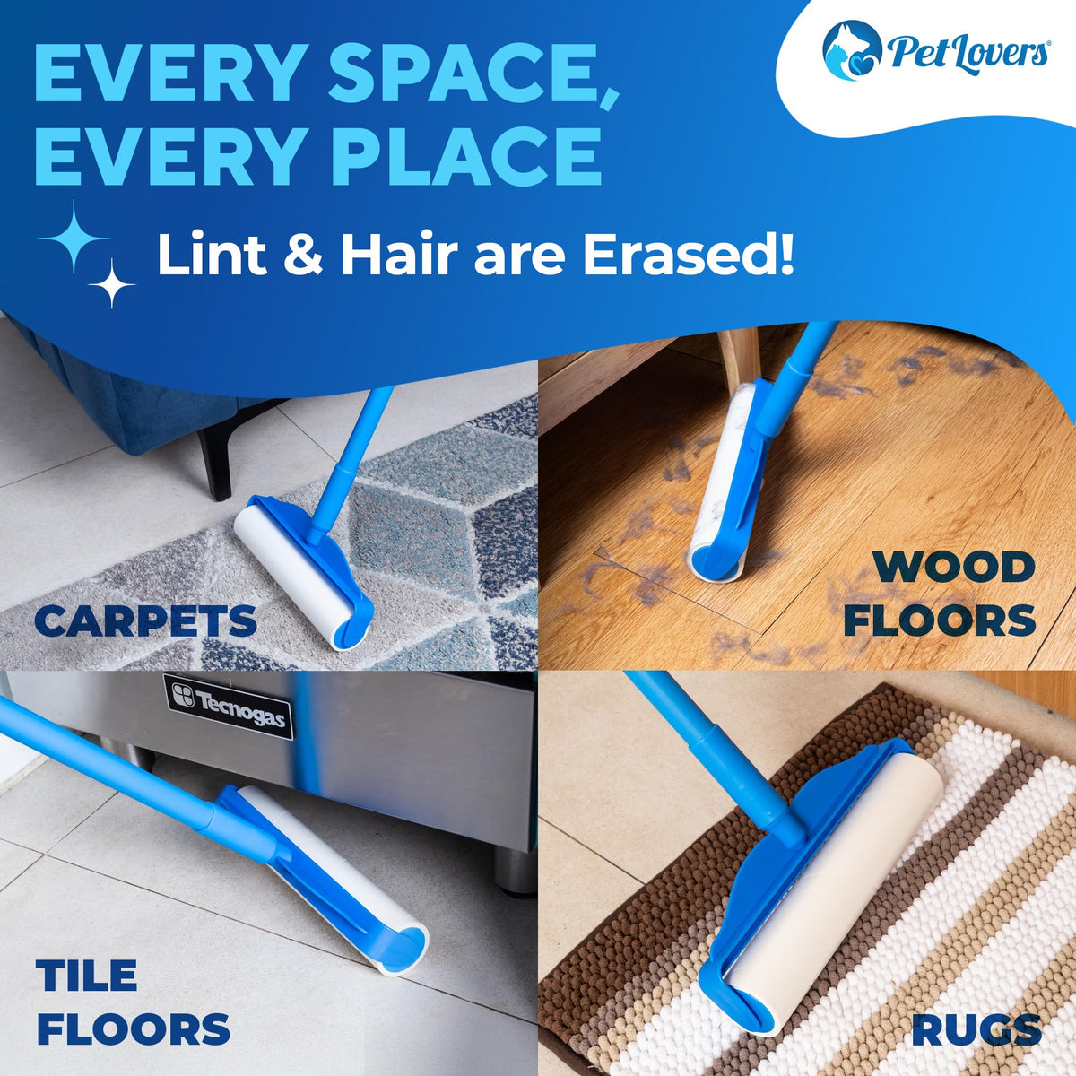PetLovers Large Lint Roller with 3 Refills – 360 Total Sheets for Tackling Pet Hair, Extra Large Floor and Carpet Roller for Homes with Pets, Perfect for Floors, Furniture, and Loving Pet Owners 4 Pack Floor Roller