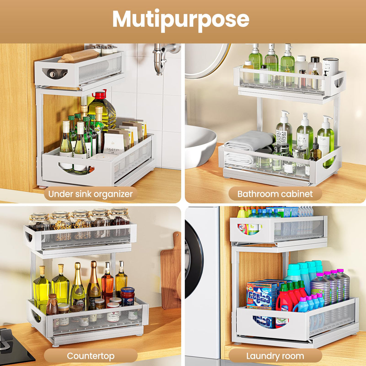 Under Sink Organizer for Kitchen and Bathroom Cabinets Pull Out Storage White 2 Pack 2Tier
