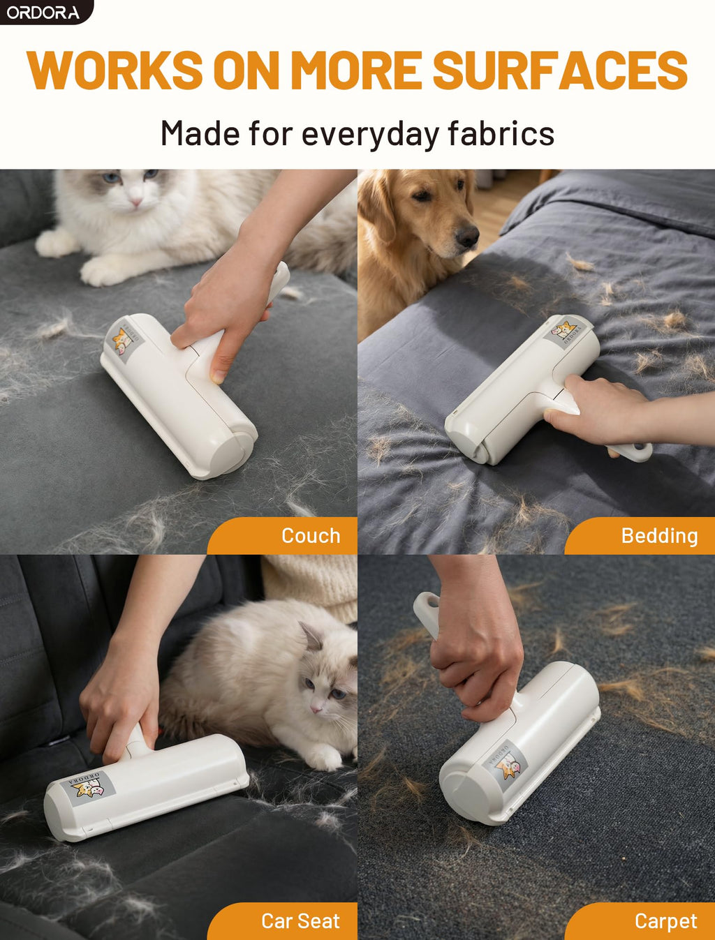 ORDORA Pet Hair Remover Roller, Reusable Lint Roller for Dog and Cat