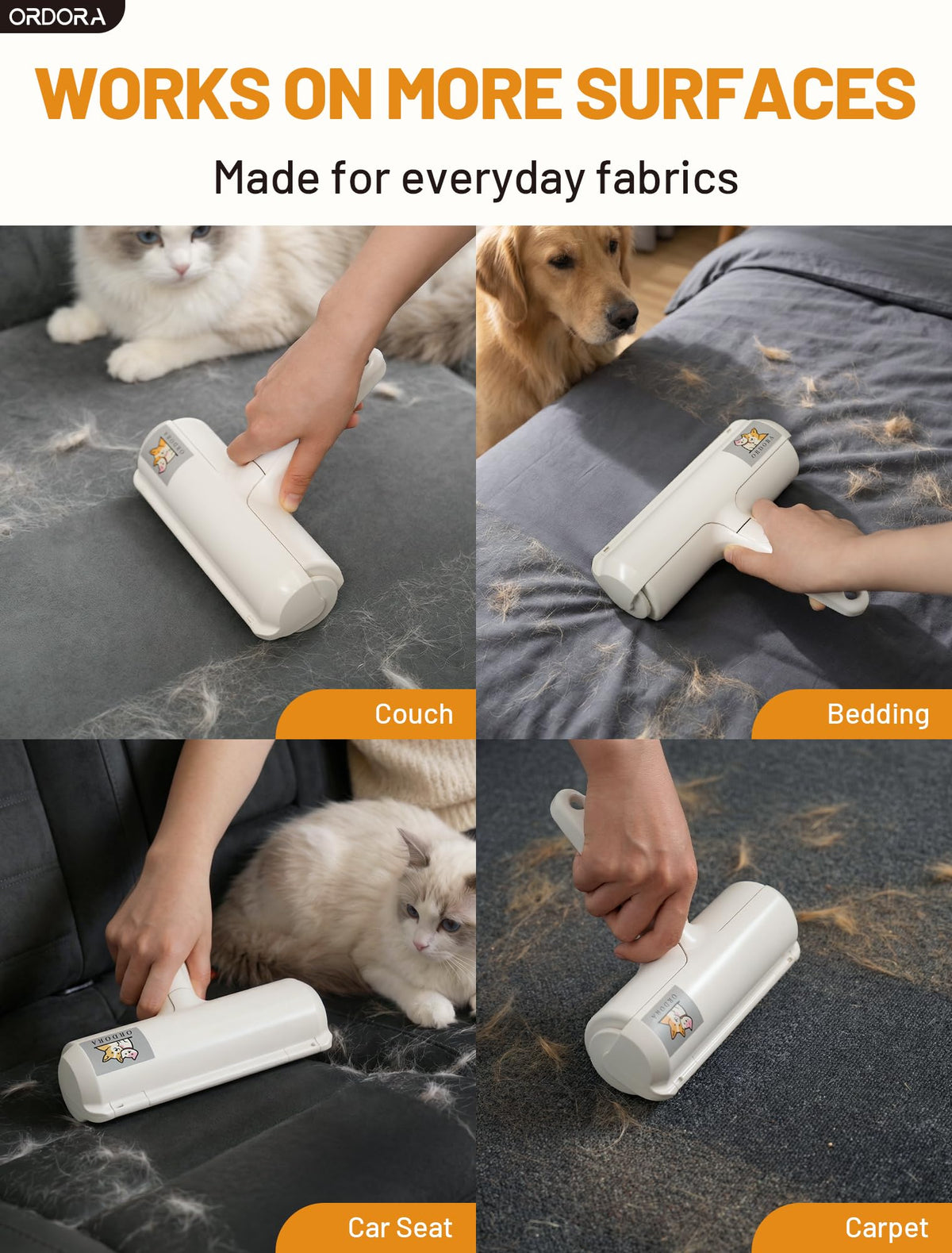 ORDORA Pet Hair Remover Roller, Reusable Lint Roller for Dog and Cat