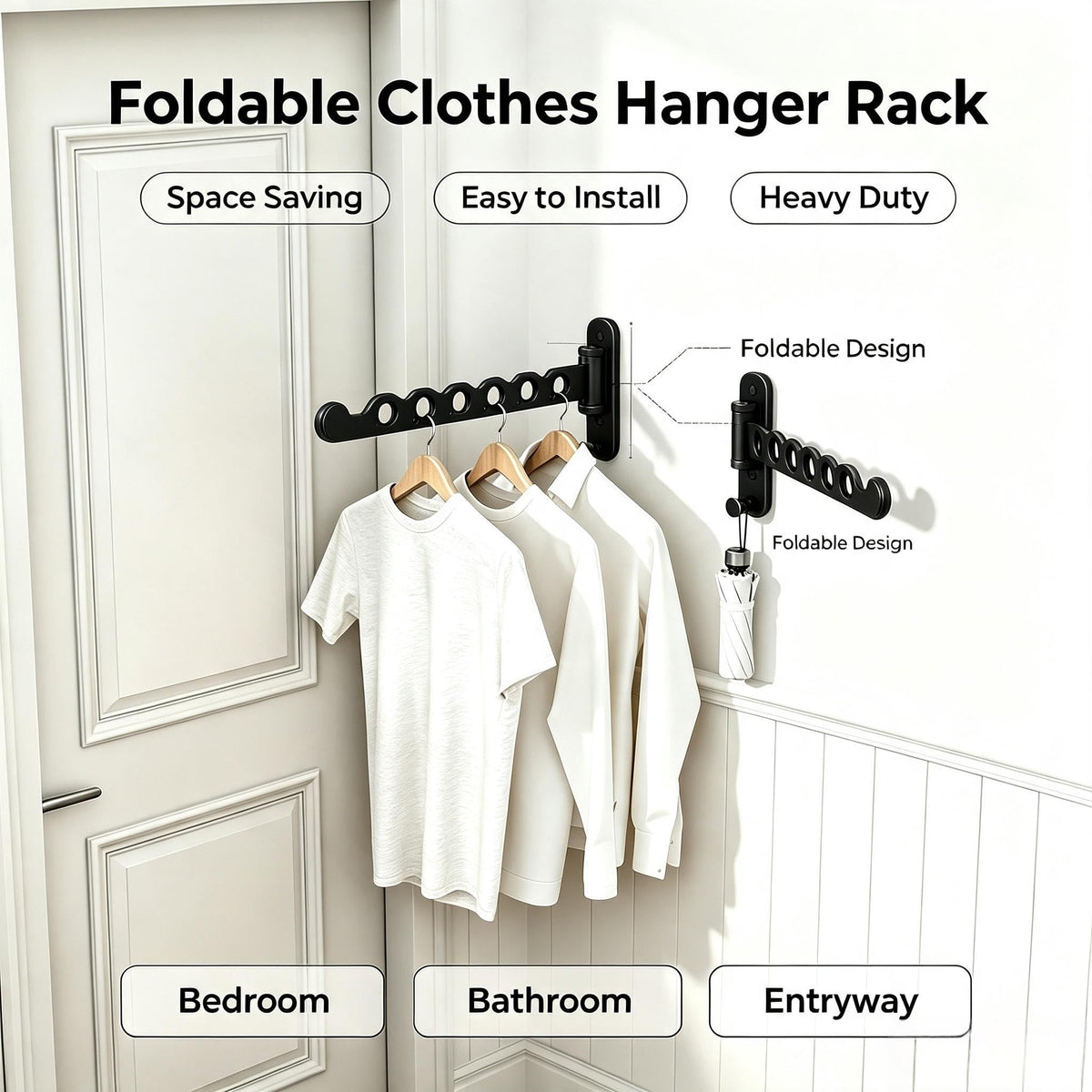 Wall Mounted Clothes Hanger Rack Foldable for Laundry Drying Rack Black Long 2P