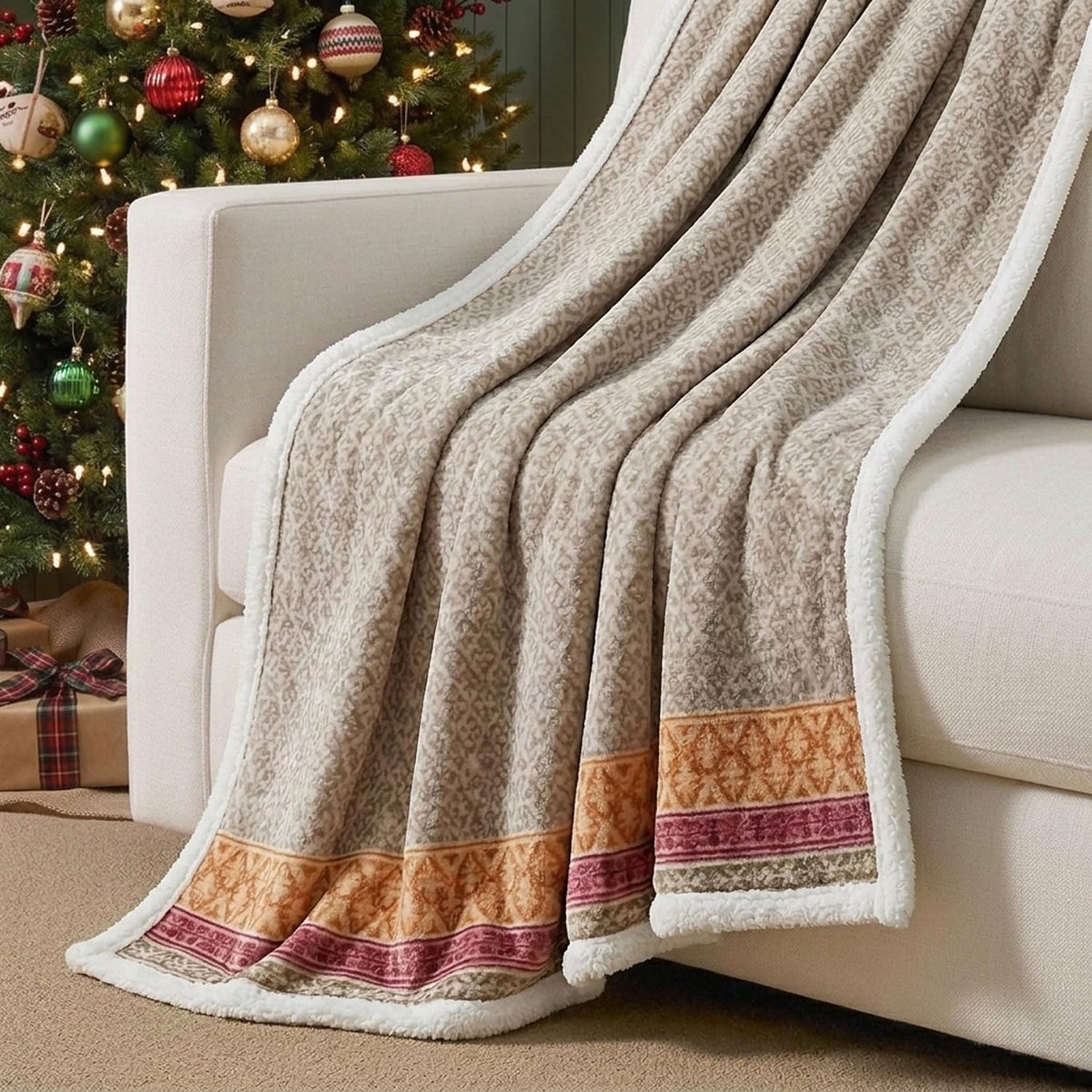 Nordic Plaid Green Sherpa Throw Blanket for Bed and Couch