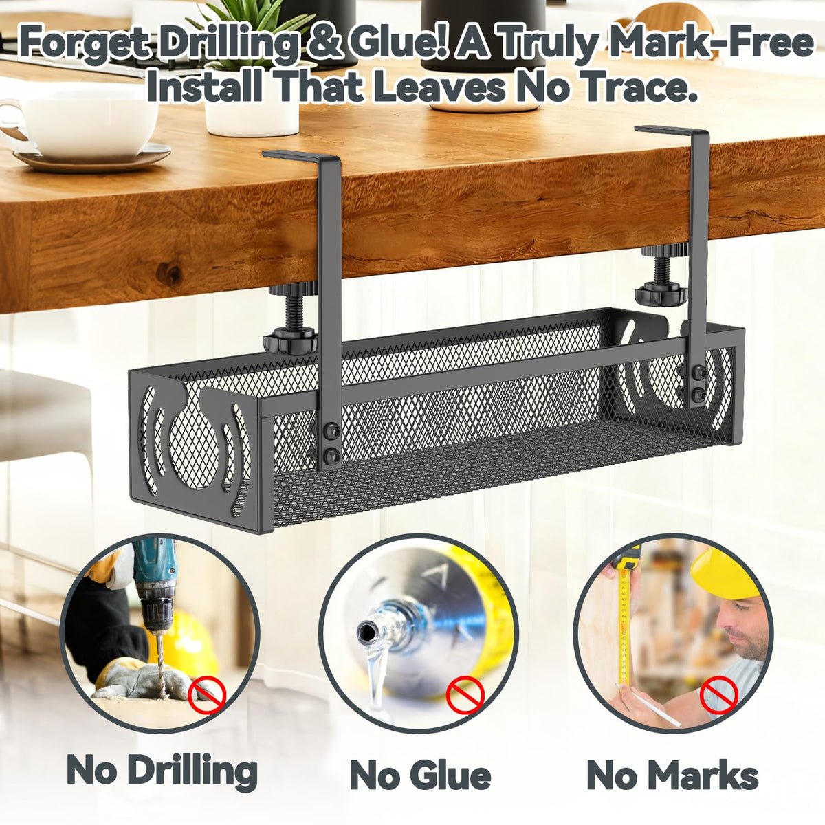 Cable Management, 25.3'' Under Desk Cable Management Tray No Drill 25.3 inch Black