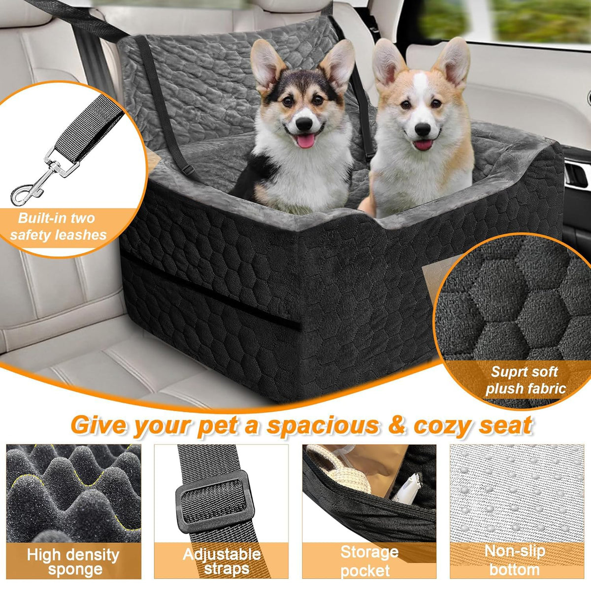 Dog Car Seat for Medium/Large Dog Booster Seat Under 60 lbs or 2 Small Dogs, Multi-Functional Pet Car Seat with Thick Cushion, 2 Safety Leashes (Gray) Gray Large