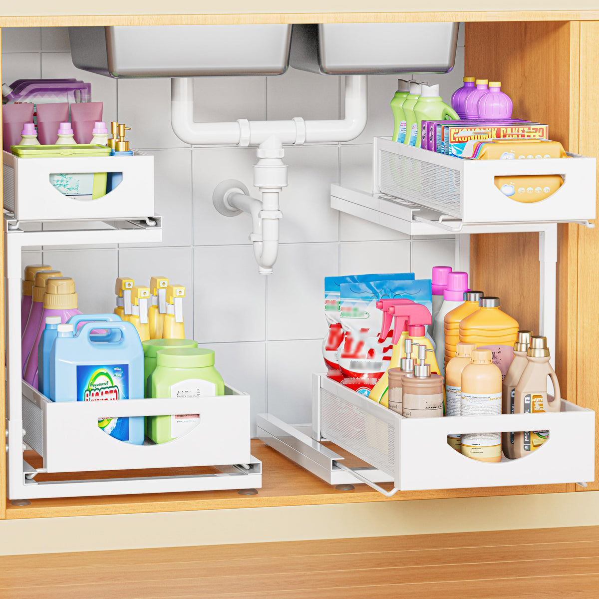 Under Sink Organizer for Kitchen and Bathroom Cabinets Pull Out Storage White 2 Pack 2Tier