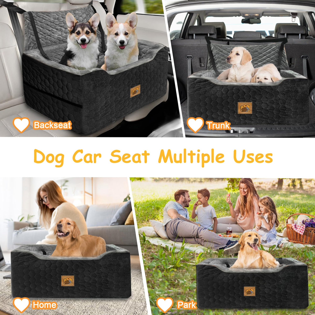 Dog Car Seat for Medium/Large Dog Booster Seat Under 60 lbs or 2 Small Dogs, Multi-Functional Pet Car Seat with Thick Cushion, 2 Safety Leashes (Gray) Gray Large