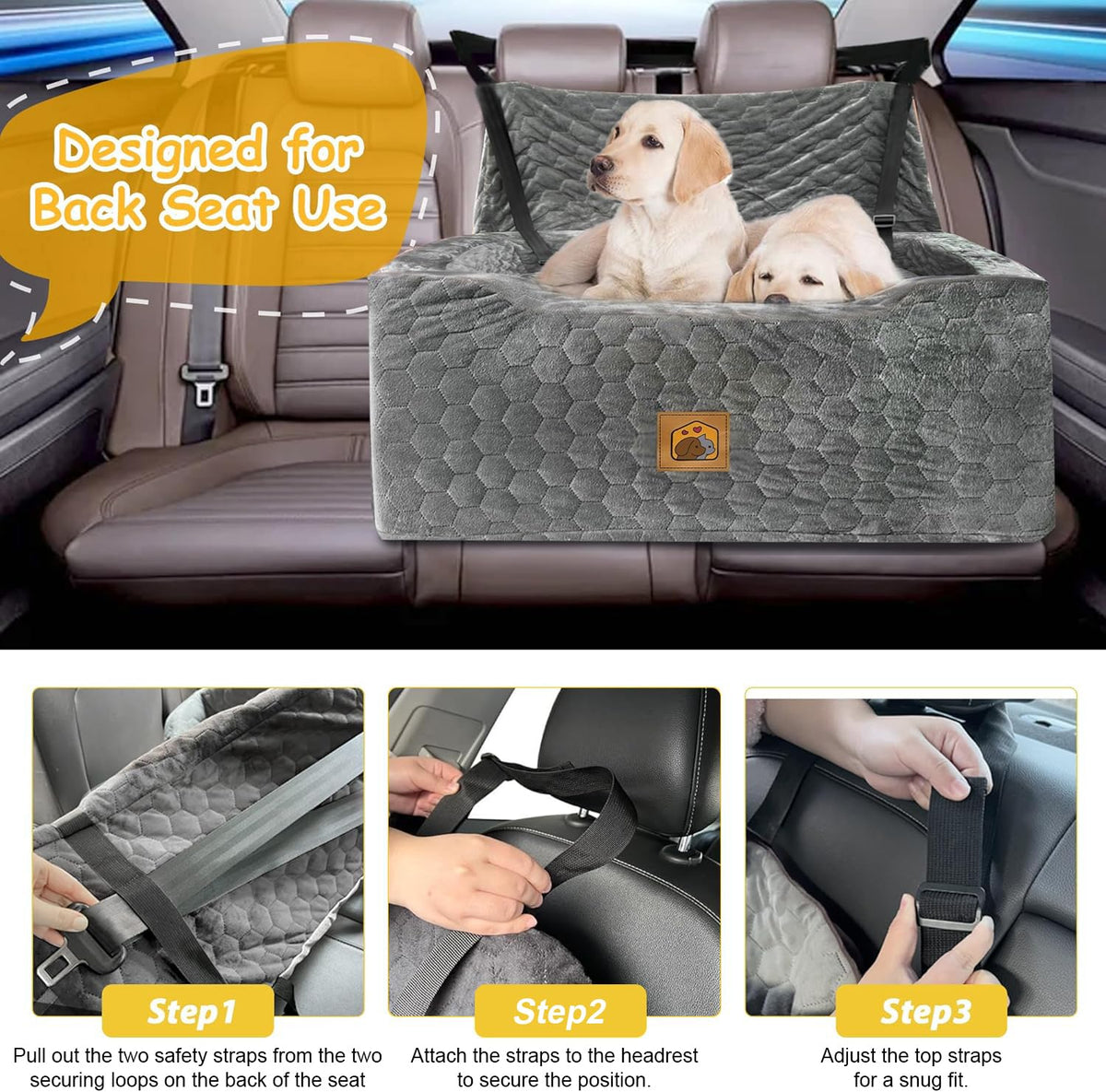 Dog Car Seat for Medium/Large Dog Booster Seat Under 60 lbs or 2 Small Dogs, Multi-Functional Pet Car Seat with Thick Cushion, 2 Safety Leashes (Gray) Gray Large