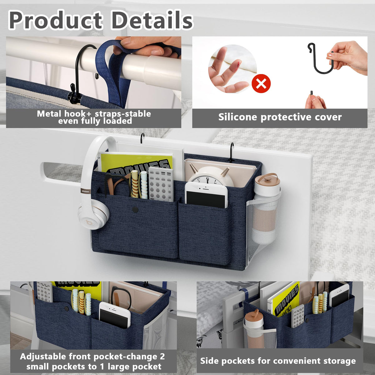 Bedside Caddy Bedside Storage Hanging Organizer for Bunk Dorm Bed Rail New Pink