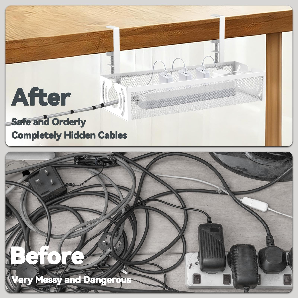 Cable Management, 25.3'' Under Desk Cable Management Tray No Drill 25.3 inch Black