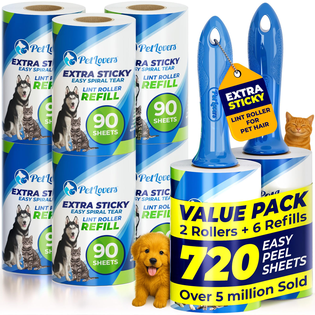 PetLovers Large Lint Roller with 3 Refills – 360 Total Sheets for Tackling...