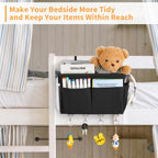 Bedside Caddy Organizer 5 Pockets and 4 Hooks for Bunk Bed Black