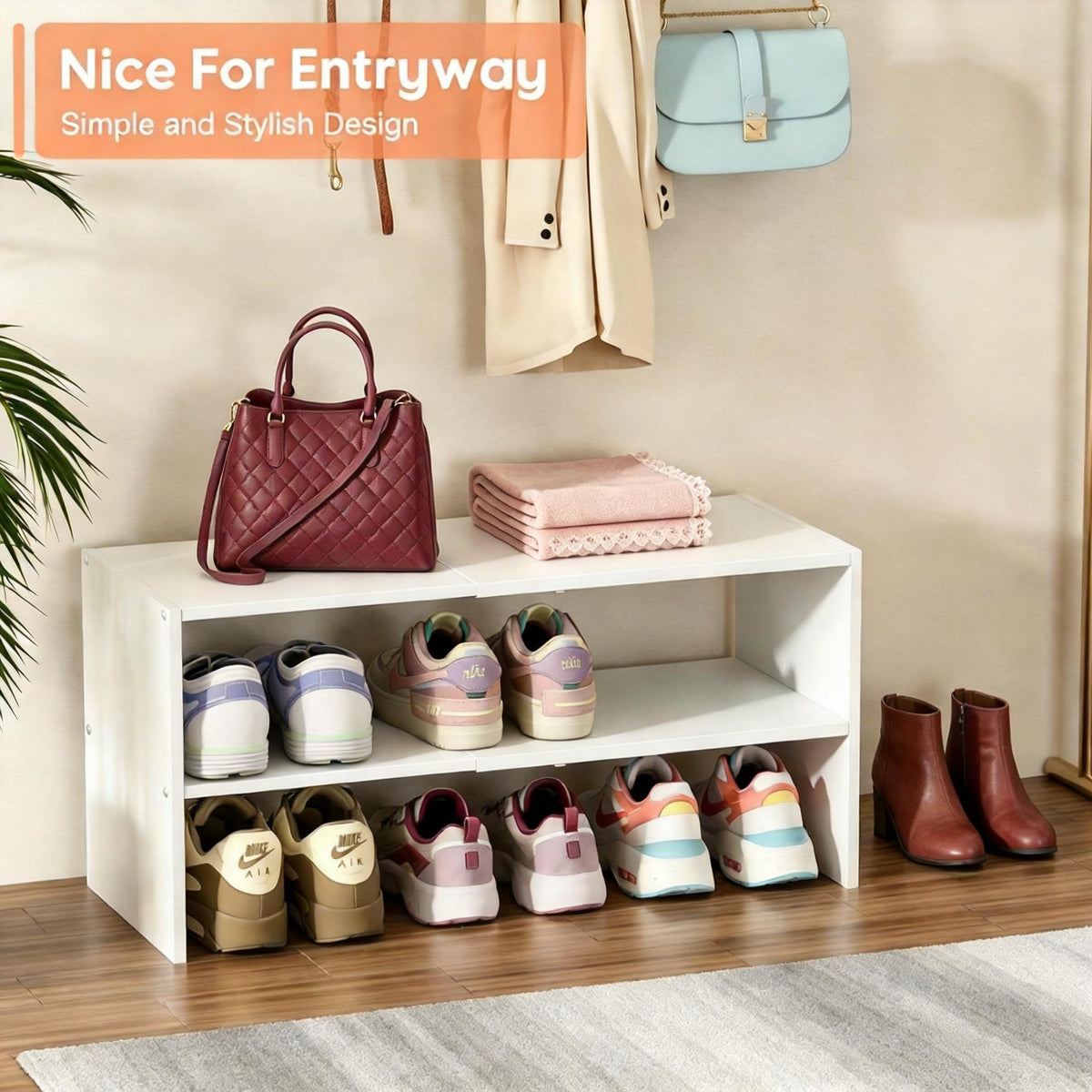 3-Tier Expandable White Shoe Rack Organizer for Closet, Stackable Shoe Racks Storage Shelf, Small Metal Wood Combination Shoe Shelves for Closets,Entryway,Front Door, Narrow Space,Hallway,8-16 Pairs 1 PACK(3-Tier）