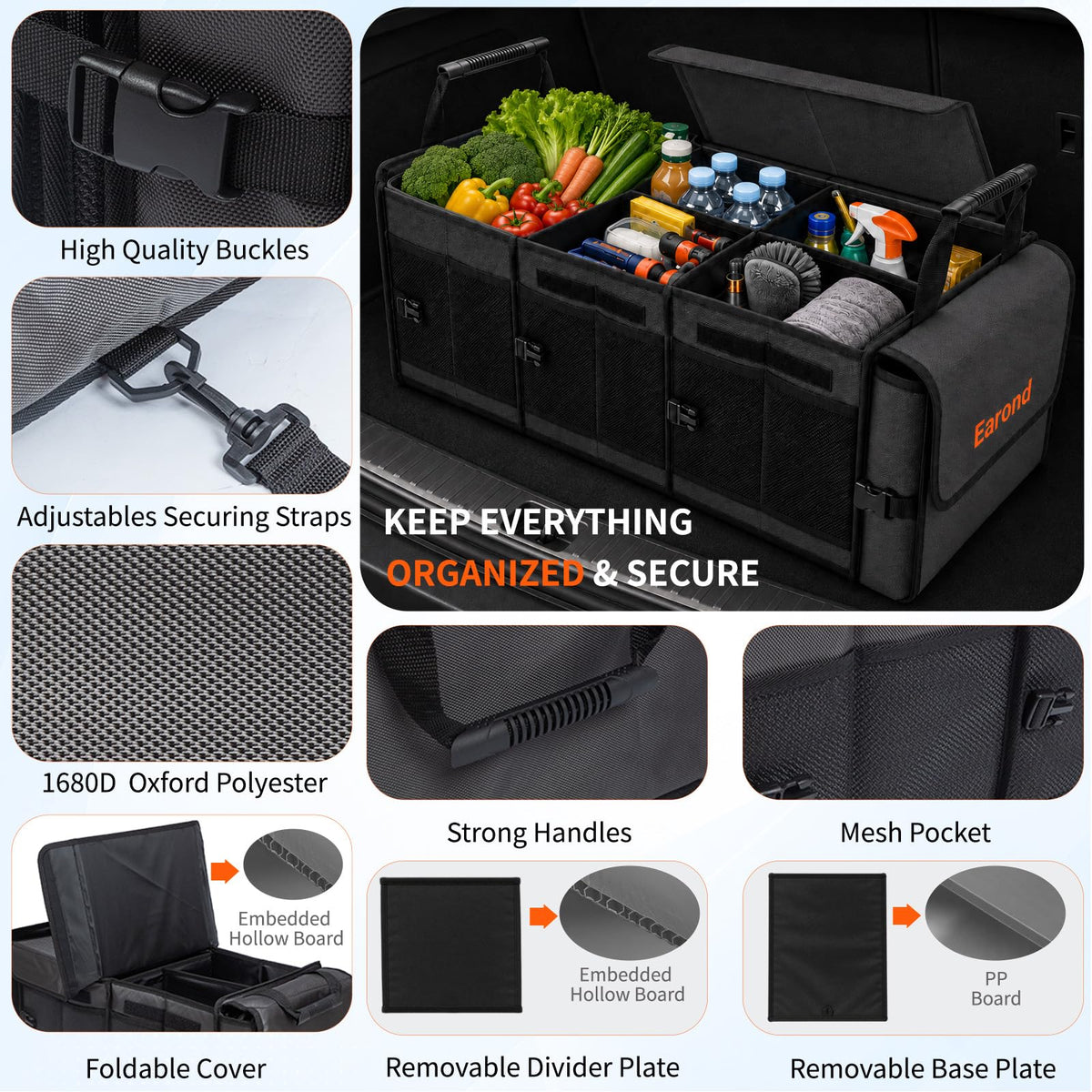 Collapsible Trunk Organizer with Insulated Leakproof Cooler Bag,Removable Lid,Adjustable Securing Straps,3 Compartments Trunk Organizer for SUV,Truck,Sedan(Grey & Black) Black&Grey With Cooler