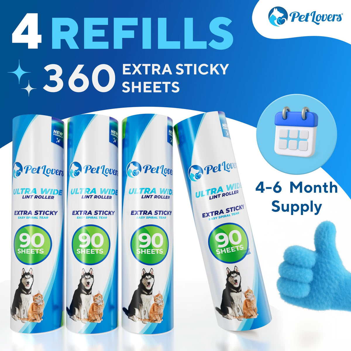 PetLovers Large Lint Roller with 3 Refills – 360 Total Sheets for Tackling Pet Hair, Extra Large Floor and Carpet Roller for Homes with Pets, Perfect for Floors, Furniture, and Loving Pet Owners 4 Pack Floor Roller