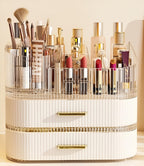 Large Makeup Organizer with Drawers, 360° Rotating Brush Holder Cream White 3-layer