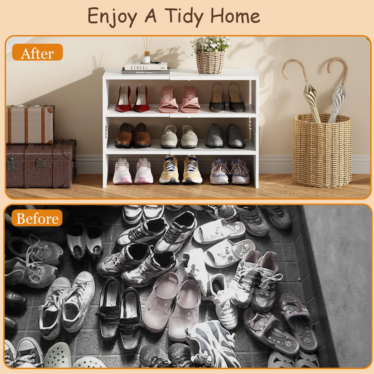 3-Tier Expandable White Shoe Rack Organizer for Closet, Stackable Shoe Racks Storage Shelf, Small Metal Wood Combination Shoe Shelves for Closets,Entryway,Front Door, Narrow Space,Hallway,8-16 Pairs 1 PACK(3-Tier）