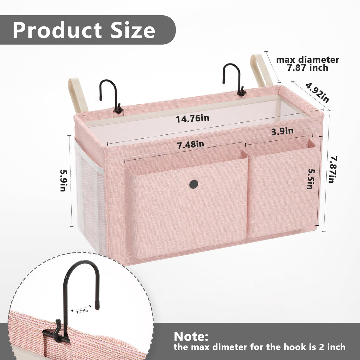 Bedside Caddy Bedside Storage Hanging Organizer for Bunk Dorm Bed Rail New Pink