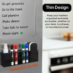 Slim Magnetic Dry Erase Marker Holder for Whiteboard, Space Saving Pen Organizer with Glass and Wall Mount Accessories for Fridge, Office, and School. Markers, Eraser, Cleaner Not Included (Black) Black