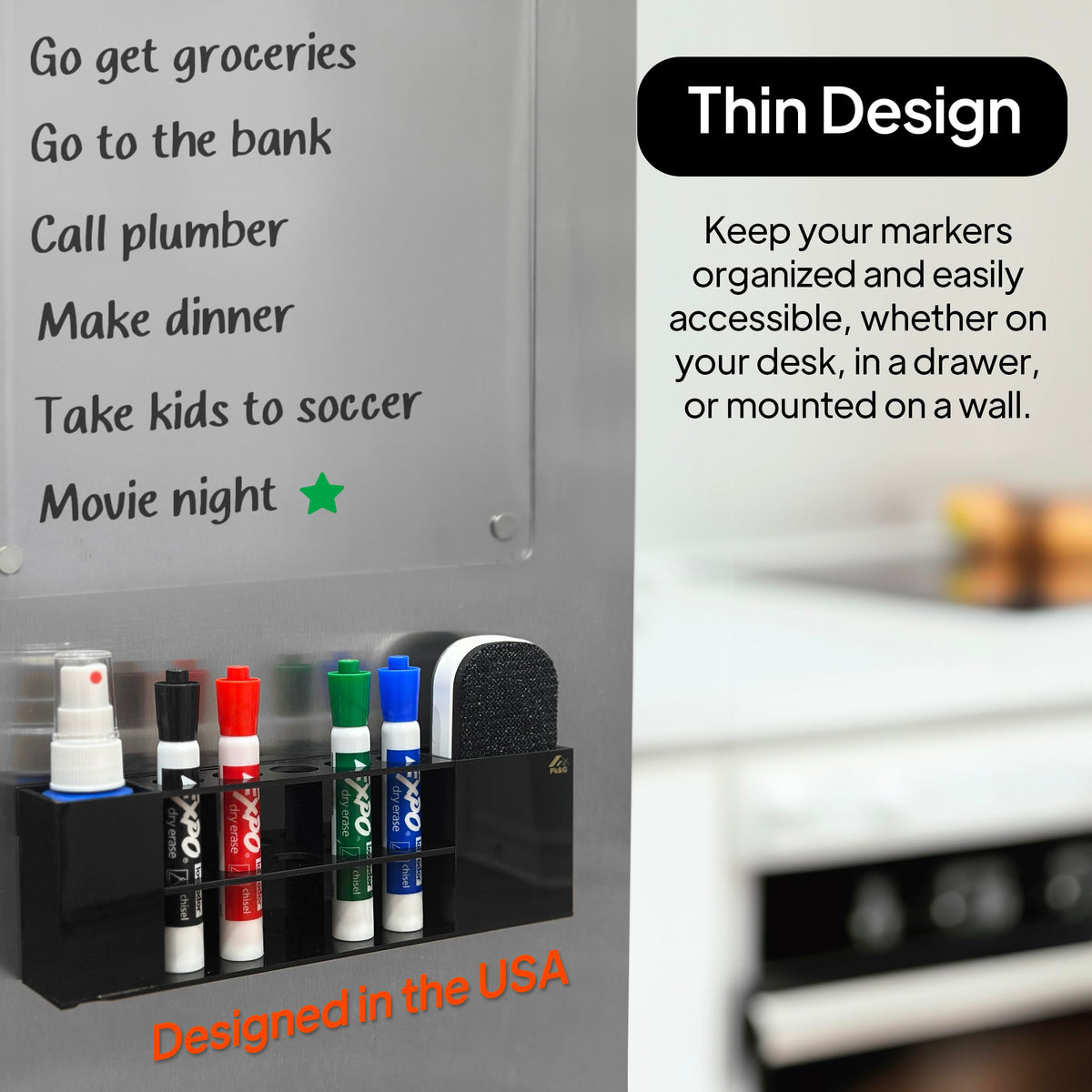 Slim Magnetic Dry Erase Marker Holder for Whiteboard, Space Saving Pen Organizer with Glass and Wall Mount Accessories for Fridge, Office, and School. Markers, Eraser, Cleaner Not Included (Black) Black