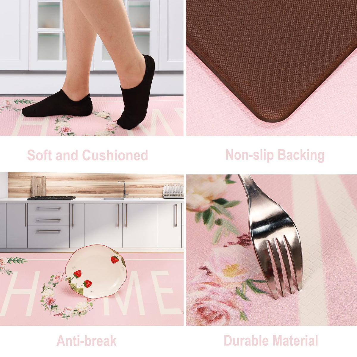 Floral Kitchen Mat Sets 2PCS Non Skid Waterproof Kitchen Rugs and Runner Sets Cushioned Anti-Fatigue Comfort Mat for Home,Office Memory Foam Kitchen Rug, 17.3"x30"+17.3"x47", Black/Pink 17"x30"+17"x47"--0.4 inches