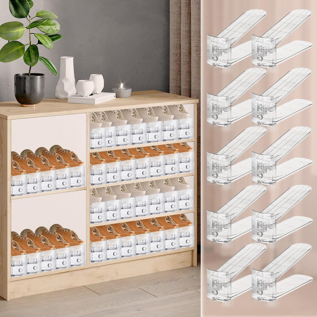 FENRUNXU Shoe Slots Organizer for Closet, Shoe Stacker Organizer Double Layer Stack Shoe Rack, Shoe Display Shelf 50% Space Saver Storage Holder for Closet, 12PACK Gold 12 Pack