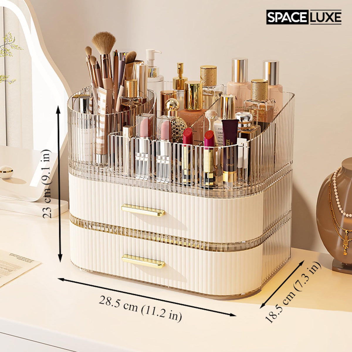 Large Makeup Organizer with Drawers, 360° Rotating Brush Holder Cream White 3-layer