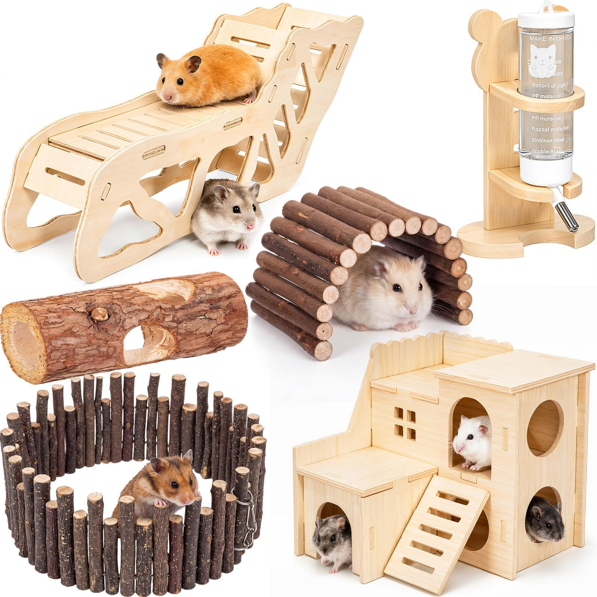BreezeHug 6 Pcs Wooden Hamster Cage Accessories, Hamster Tunnels, Stylish