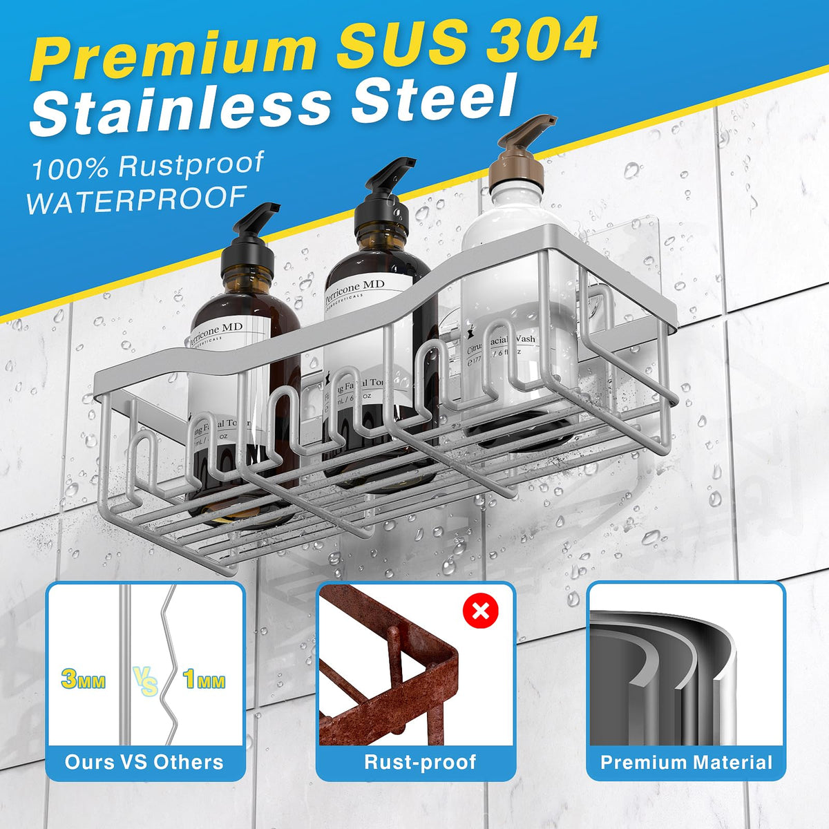 EUDELE Adhesive Shower Caddy, 5 Pack Rustproof Stainless Steel Bath Organizers With Large Capacity, No Drilling Shelves for Bathroom Storage & Home Decor Black