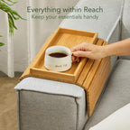 DETOR Couch Arm Tray with Spacious 12.4" x 5.4" Storage Box, Walnut Bamboo Finish, Enhanced Non-Slip Felt Bottom, Sturdy Bamboo Slats, Fits Armrests 6" and Wider