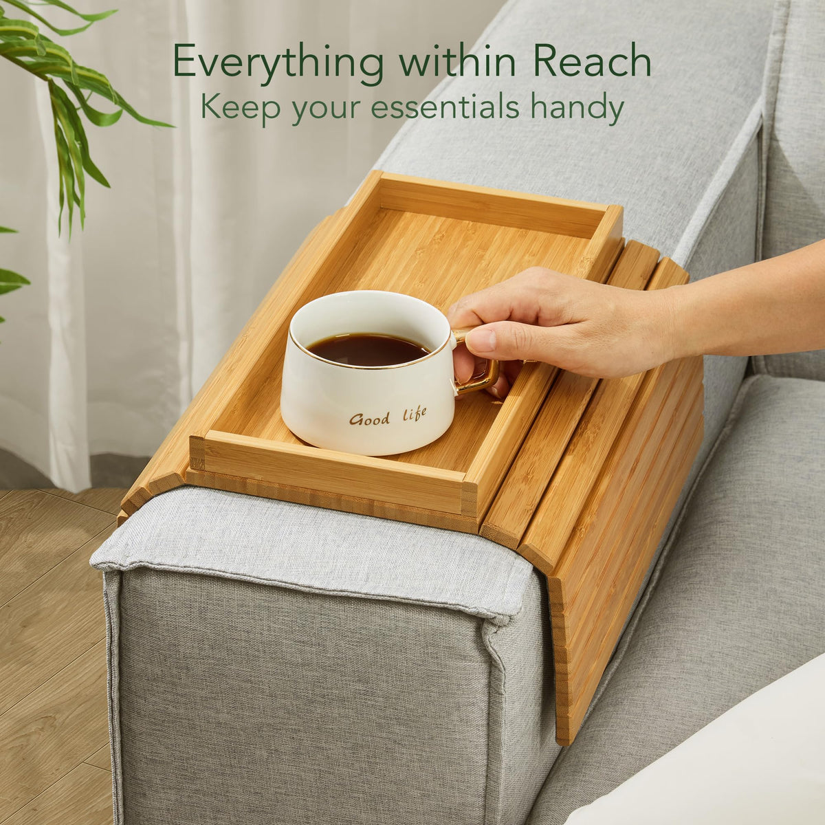 DETOR Couch Arm Tray with Spacious 12.4" x 5.4" Storage Box, Walnut Bamboo Finish, Enhanced Non-Slip Felt Bottom, Sturdy Bamboo Slats, Fits Armrests 6" and Wider