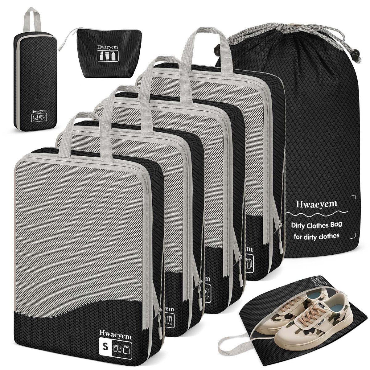 Compression Packing Cubes 8 Set, Dual Zipper Compression Packing Cubes for Travel, See-Through Mesh Packing Bags for Suitcases, Packing Cube with Shoe Bag (Black) 8 Set Black