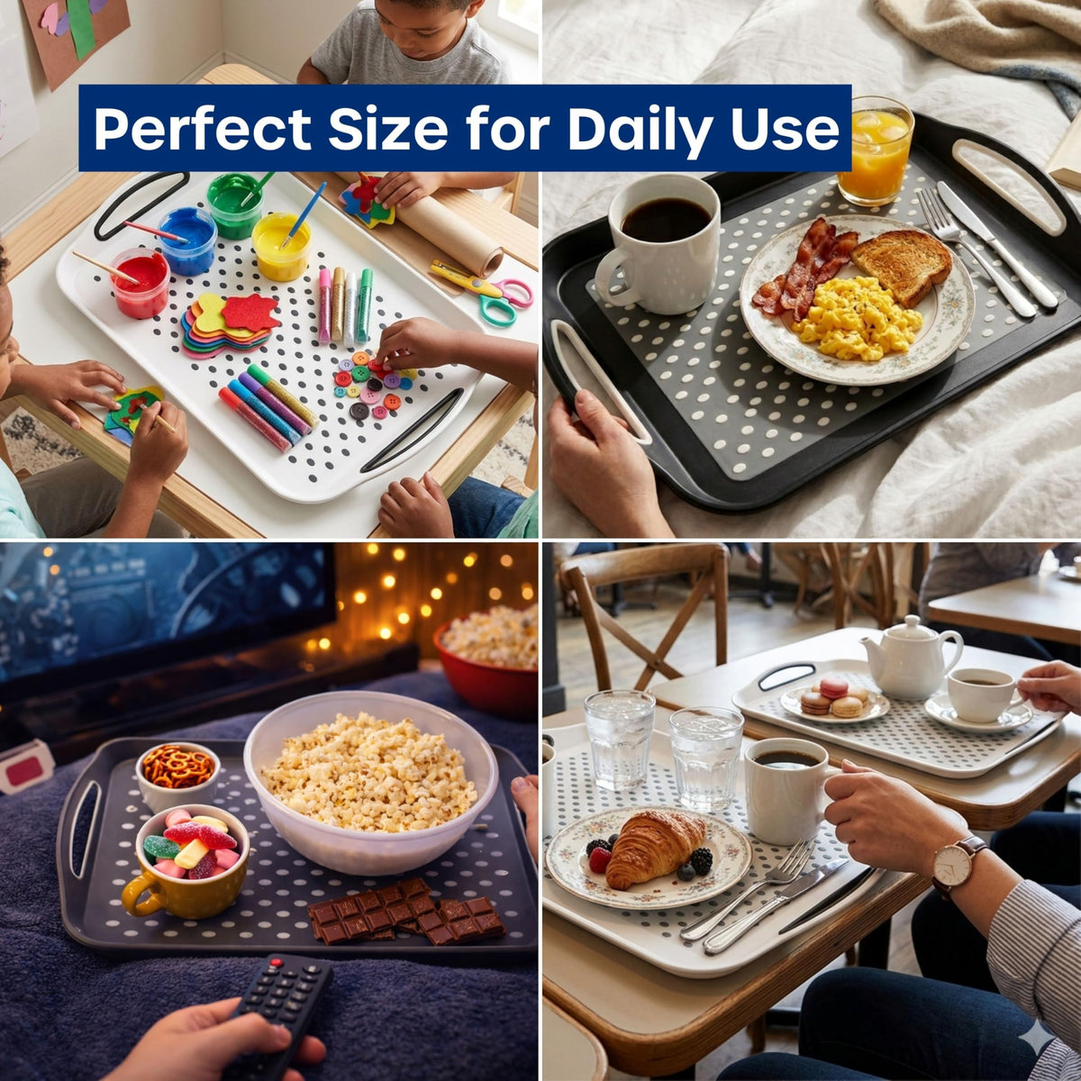 Food Trays for Eating on Couch - 2 Pack - Non Slip Dinner Trays for Eating Set of 2 Non Slip Serving Tray and Food Tray with Handles (Black & White) Black and White - 2 Pack
