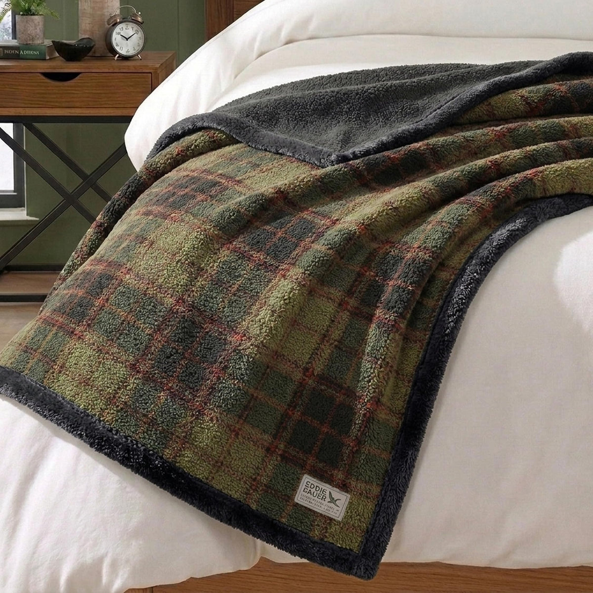 Nordic Plaid Green Sherpa Throw Blanket for Bed and Couch