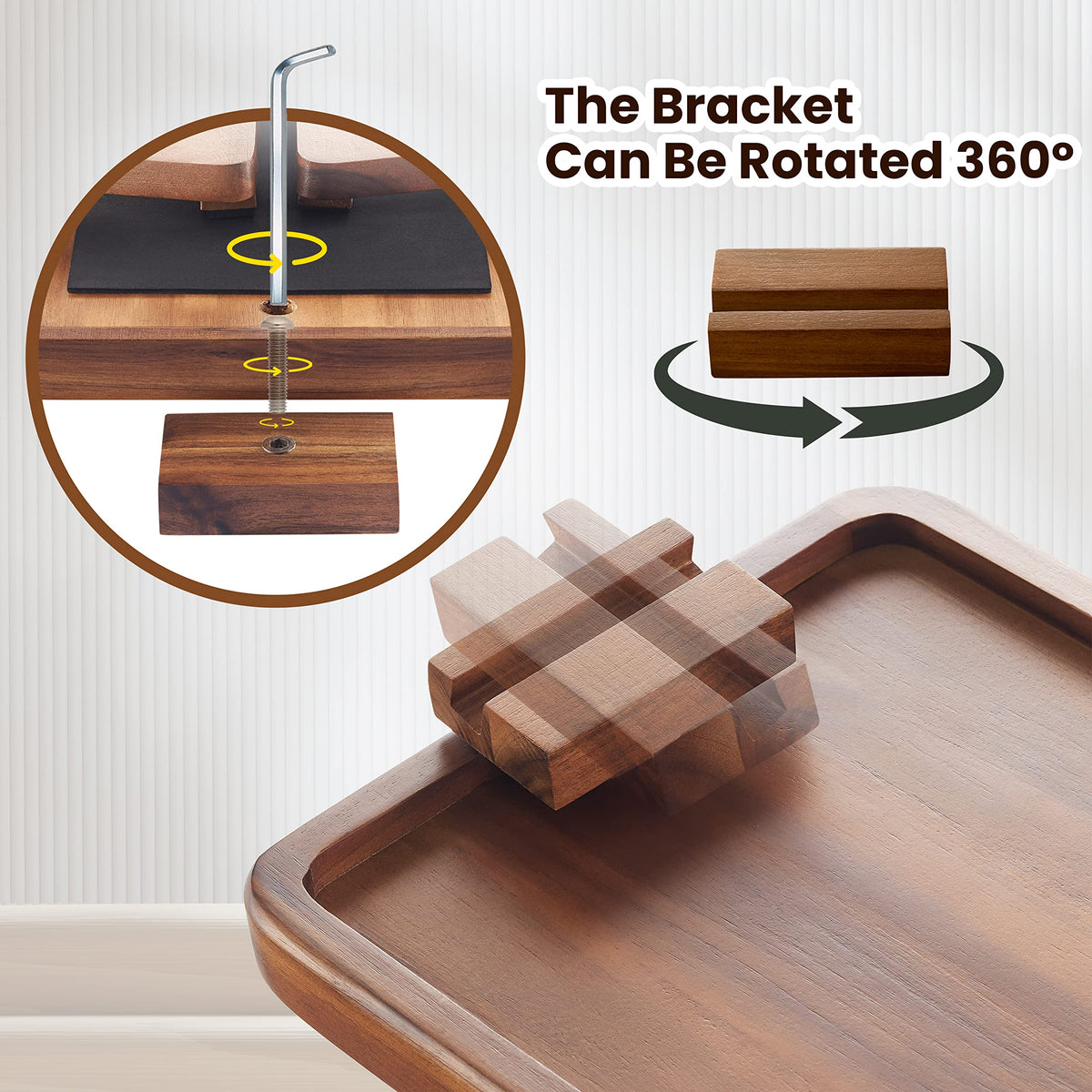 TINAMO Sofa Arm Tray with 360° Phone Holder, Clip-On Tray, Walnut Finish 13.8" x 9.5" x 1"